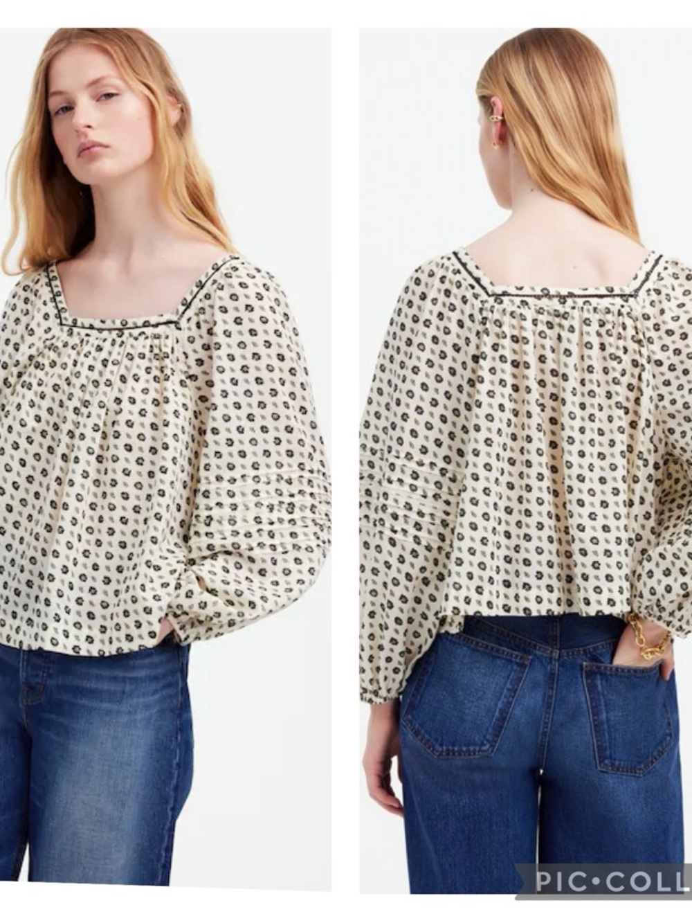 EUC Madewell Ditsy Floral Square-Neck Long-Sleeve Cotton Top in Antique Cream